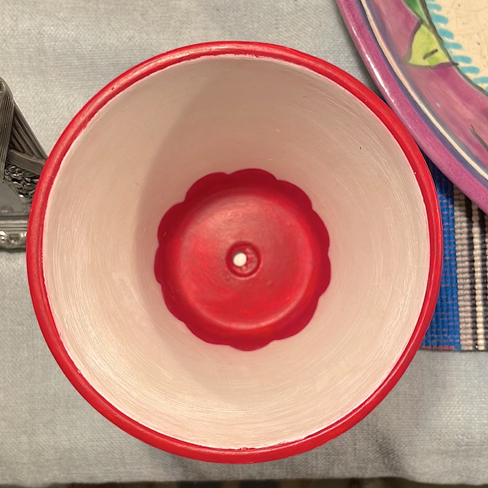 ORIGINAL POTTERY ART Hand painted red & white pot with saucer - Picture 3 of 5